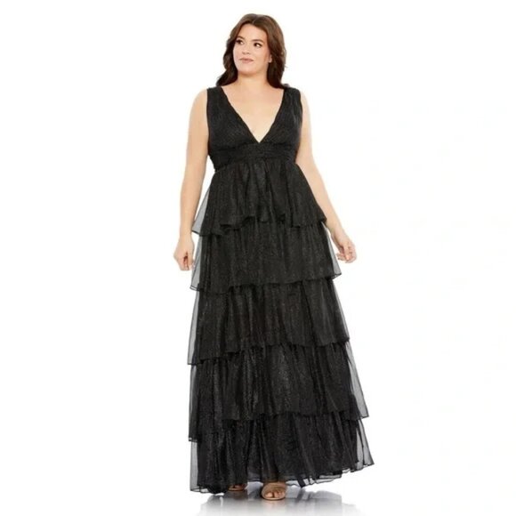 MAC DUGGAL Ruffle Tiered Sleeveless V Neck Maxi Gown Dress Plus Size 16W Black - Picture 1 of 6